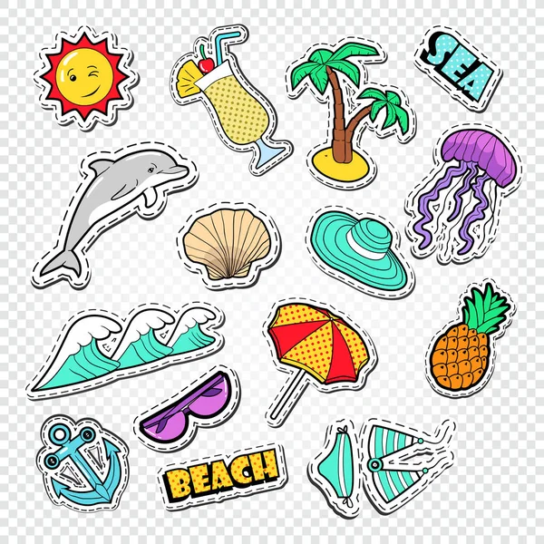 Hola Summer Doodle. Pegatinas de vacaciones en la playa, insignias y parches con sol, delfín y cóctel. Ilustración vectorial — Archivo Imágenes Vectoriales