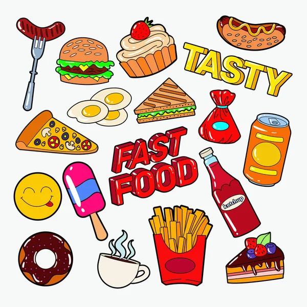 Fast-Food-Doodle mit Pizza, Burger und Pommes. Junk ungesunde Ernährung. Vektorillustration — Stockvektor