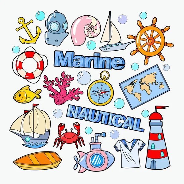 Doodle marino náutico con pescado, barco y submarino. Vacaciones en el mar. Ilustración vectorial — Archivo Imágenes Vectoriales