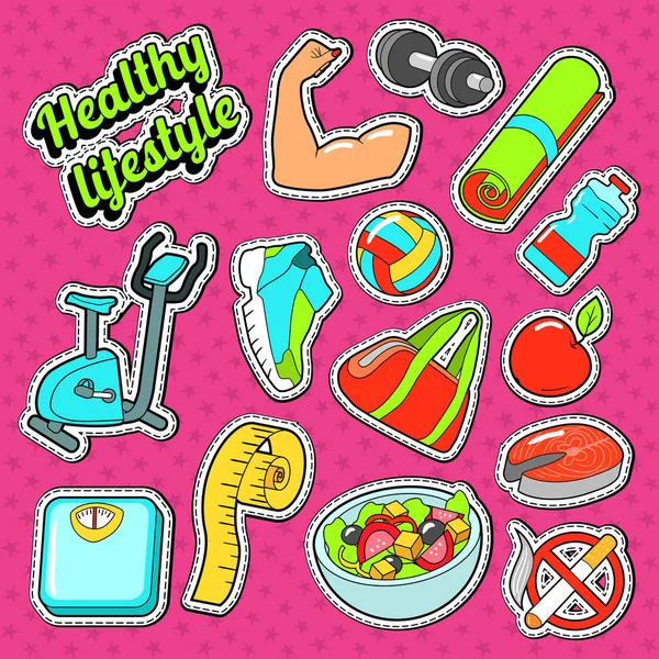 Vrouw gezonde levensstijl Doodle met elementen van de Sport en dieet eten. Vector Stickers, Badges en Patches — Stockvector