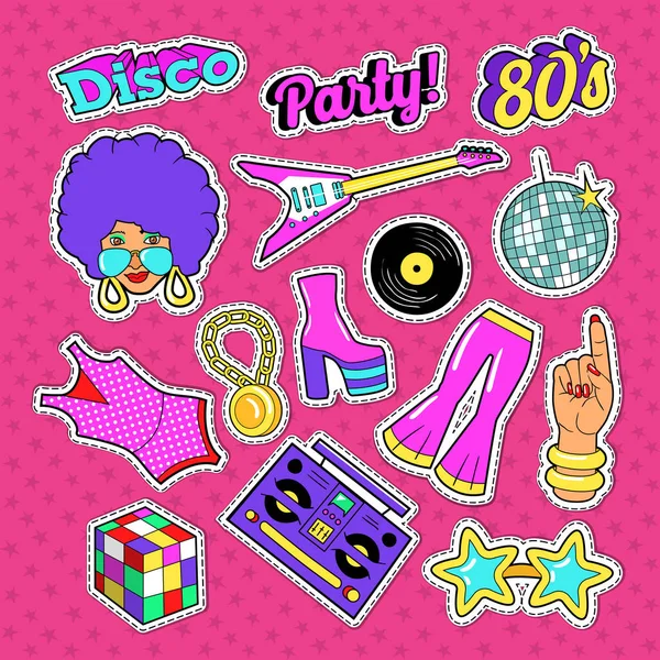 Disco Party Doodle. Conjunto de Moda Musical com Mulher, Guitarra e Elementos da Moda. Vector Adesivos, emblema e Patch — Vetor de Stock