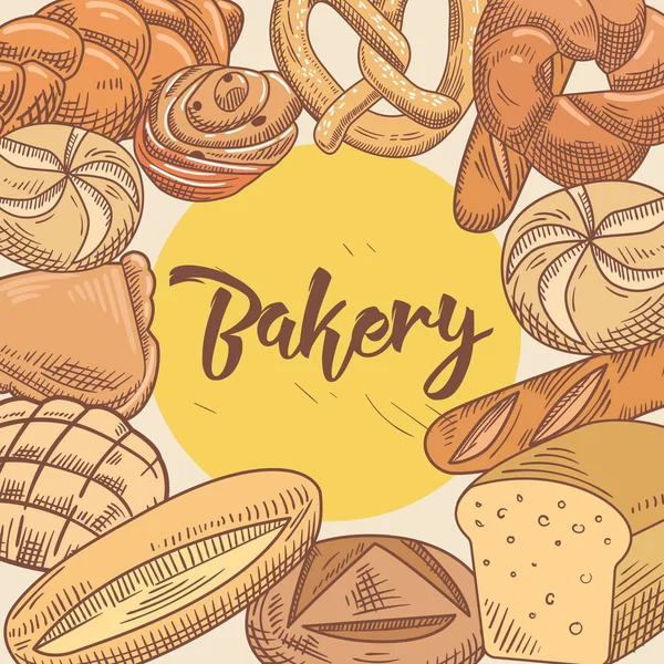 Bäckerei handgezeichnet Design mit verschiedenen frischen Brot und Laib. Vektorillustration — Stockvektor