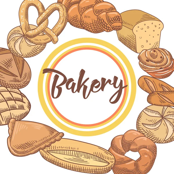 面包店手绘背景与新鲜的面包和面包。矢量图 — 图库矢量图片
