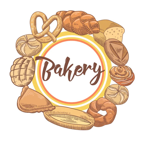 Panadería Fondo dibujado a mano con pan fresco y pan. Ilustración vectorial — Vector de stock
