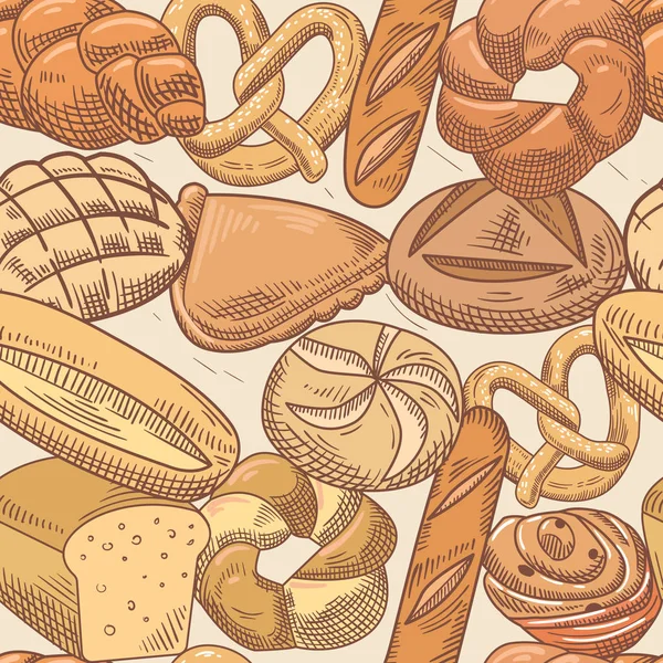 Boulangerie dessin à la main modèle sans couture. Pain et pains frais Contexte. Illustration vectorielle — Image vectorielle