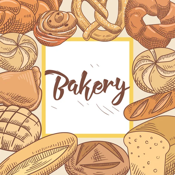 Progettazione disegnata a mano del forno con pane fresco differente e pane. Illustrazione vettoriale — Vettoriale Stock