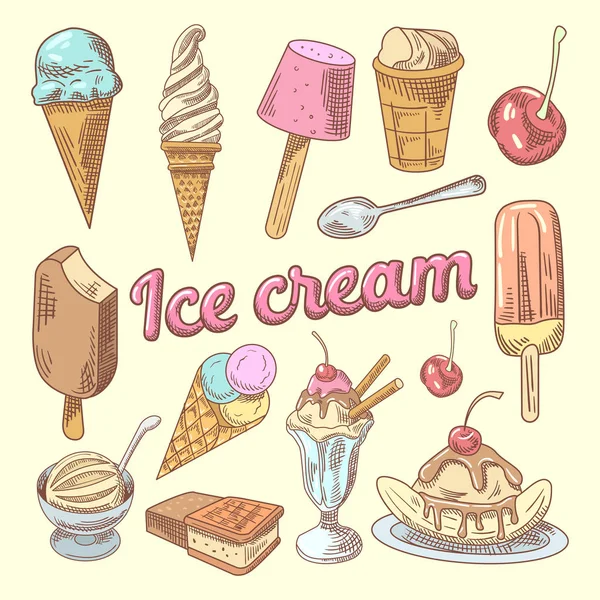 Ice Cream kézzel rajzolt firka kúp, a cseresznye és a csokoládé. Édes ételeket. Vektoros illusztráció — Stock Vector