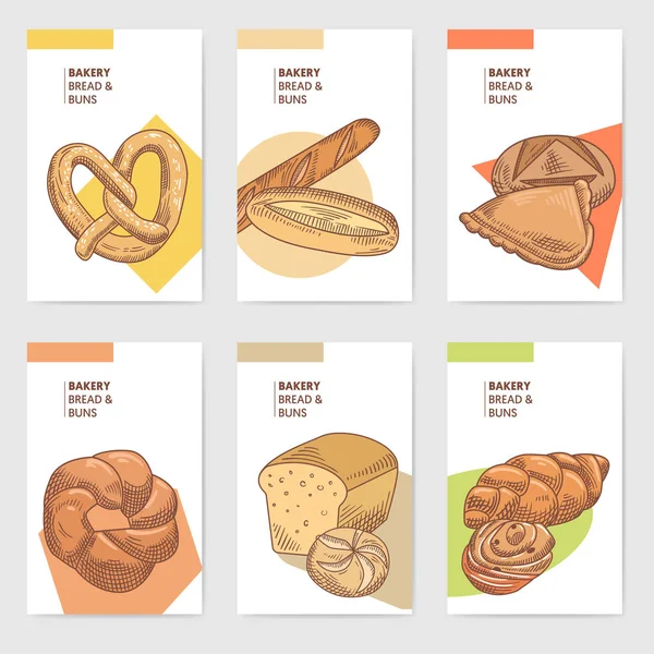Cartoline da forno disegnate a mano Modello di design con pane fresco e panini. Illustrazione vettoriale — Vettoriale Stock