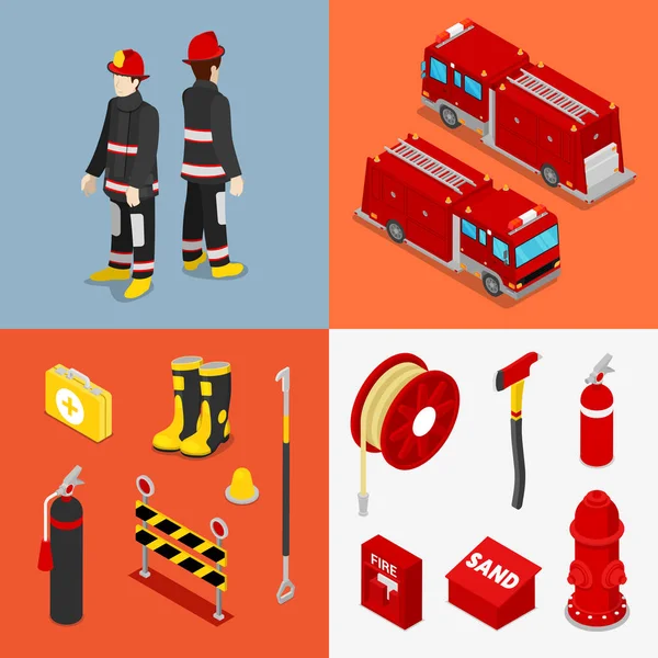 Izometrikus tűzoltó. Tűzoltó tartályt tehergépkocsi és berendezések. Vektoros illusztráció — Stock Vector