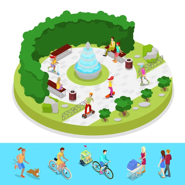 Isometrisch stadspark compositie bij actieve mensen en fontein. Outdoor activiteit. Vector platte 3d illustratie — Stockvector