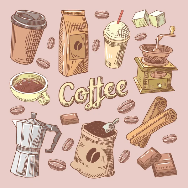 Caffè disegnato a mano Doodle con fagioli, zucchero e cioccolato. Illustrazione vettoriale — Vettoriale Stock