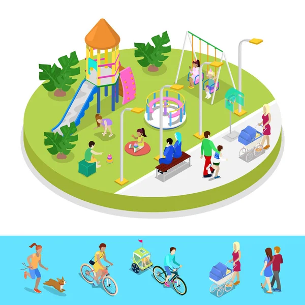 Isometric City Park Composition with Children Playground and Walking People (dalam bahasa Inggris). Kegiatan luar ruangan. Ilustrasi vektor flat 3d - Stok Vektor