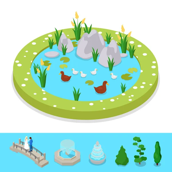 Isometrisch stadspark samenstelling met vijver Water en eenden. Vector platte 3d illustratie — Stockvector