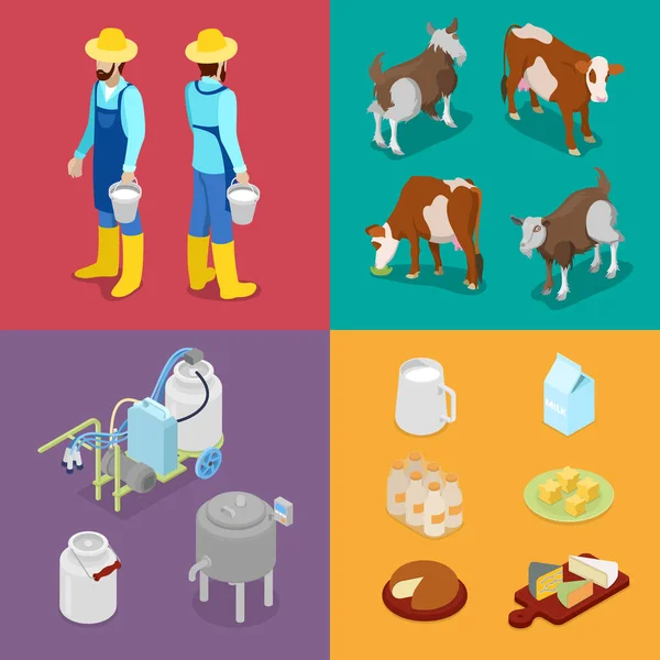 Milchproduktion. Mann mit Flasche Milch, Kuh und Käse. Milchprodukte. Isometrischer Vektor flache 3D-Illustration — Stockvektor