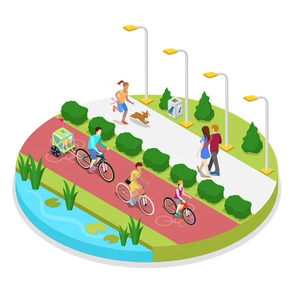 Isometrisch stadspark samenstelling met het runnen van vrouw en gezin op de fiets. Outdoor activiteit. Vector platte 3d illustratie — Stockvector