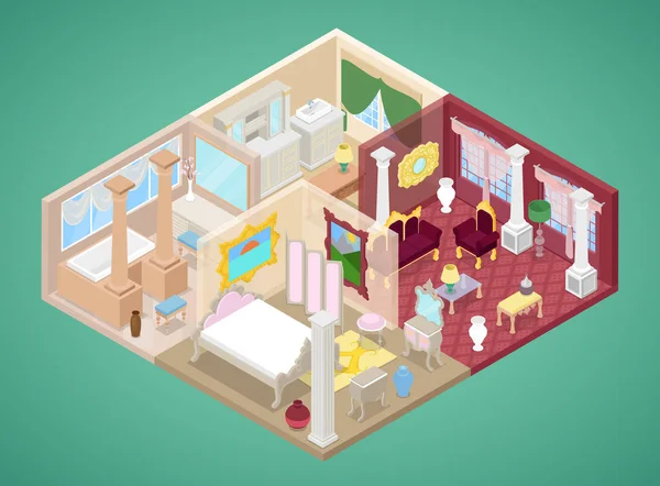 Ισομετρική διαμέρισμα σε κλασικό στιλ με κουζίνα, σαλόνι και μπάνιο. Διάνυσμα επίπεδη 3d απεικόνιση — Διανυσματικό Αρχείο