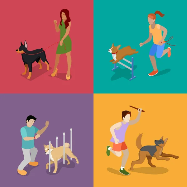 Perros de entrenamiento. Gente con mascotas. Ilustración Isométrica Vector plano 3d — Vector de stock