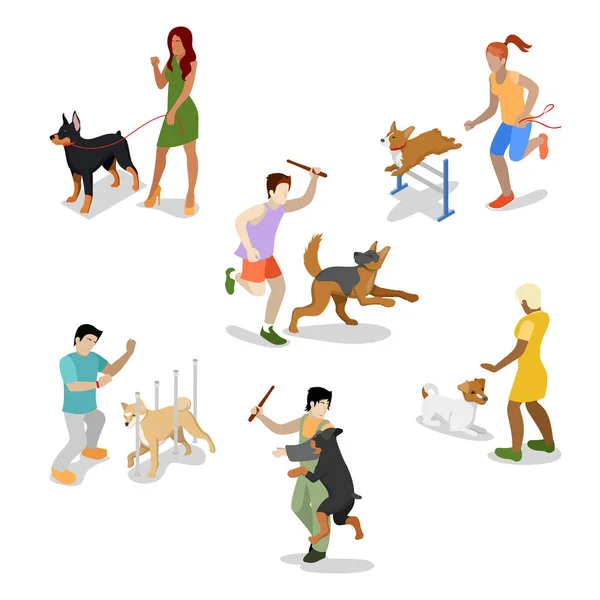 Gente isométrica entrenando perro. Vector plano 3d ilustración — Archivo Imágenes Vectoriales