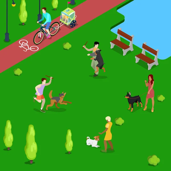 Isometrische Menschen, die Hunde im Park ausbilden. Vektor flache 3D Illustration — Stockvektor