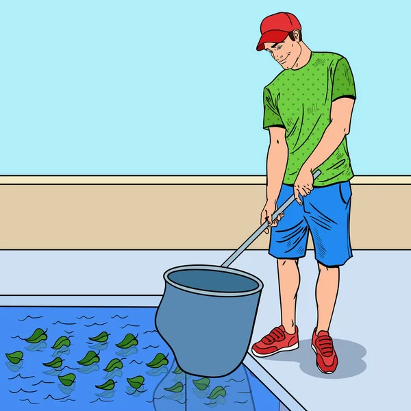 Pop Art Smiling Man Cleaning Pool From Leaves. Cleaning Service. Vector illustration — Stock Vector