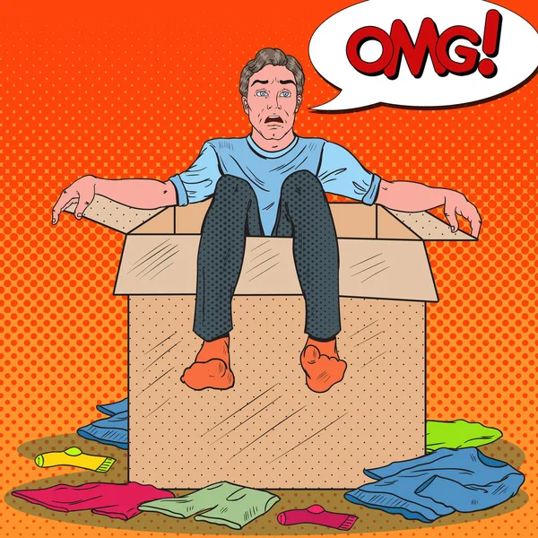 Pop Art Stressed Man in the Box with Clothes. Il déménage dans une nouvelle maison. Illustration vectorielle — Image vectorielle