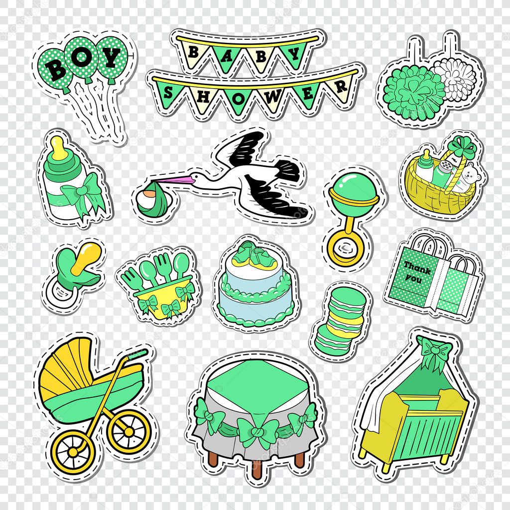 Baby Shower Decoration Set with Boy, Toys and Socks. Newborn Party Doodle Stickers, Badges and Patches. Vector illustration