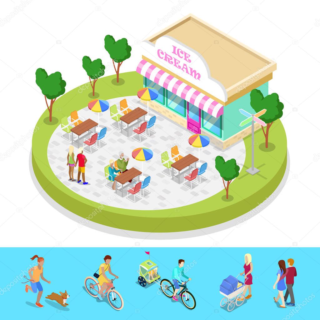 Isometric City Park Composition with Cafe and Walking People. Outdoor Activity. Vector flat 3d illustration
