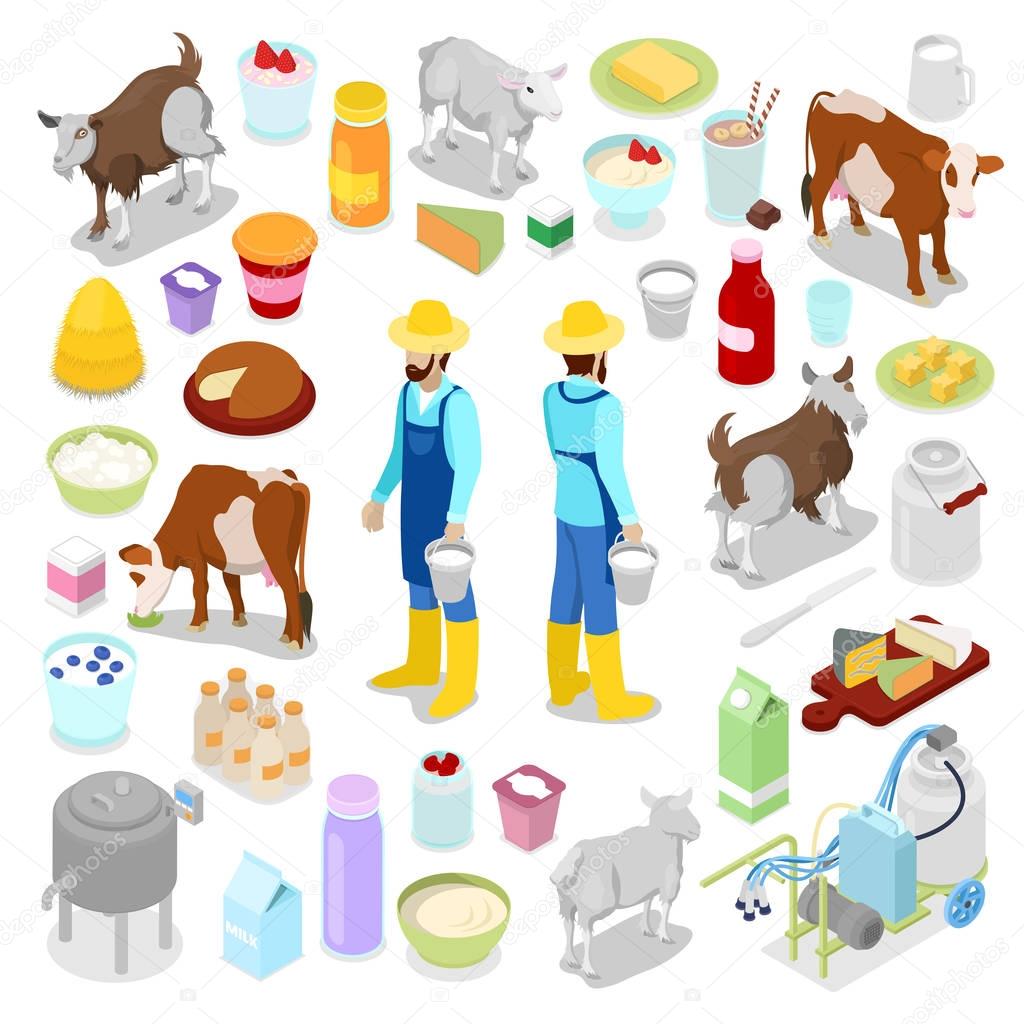 Milkman with Bottle of Milk, Cow and Cheese. Dairy Product. Isometric vector flat 3d illustration