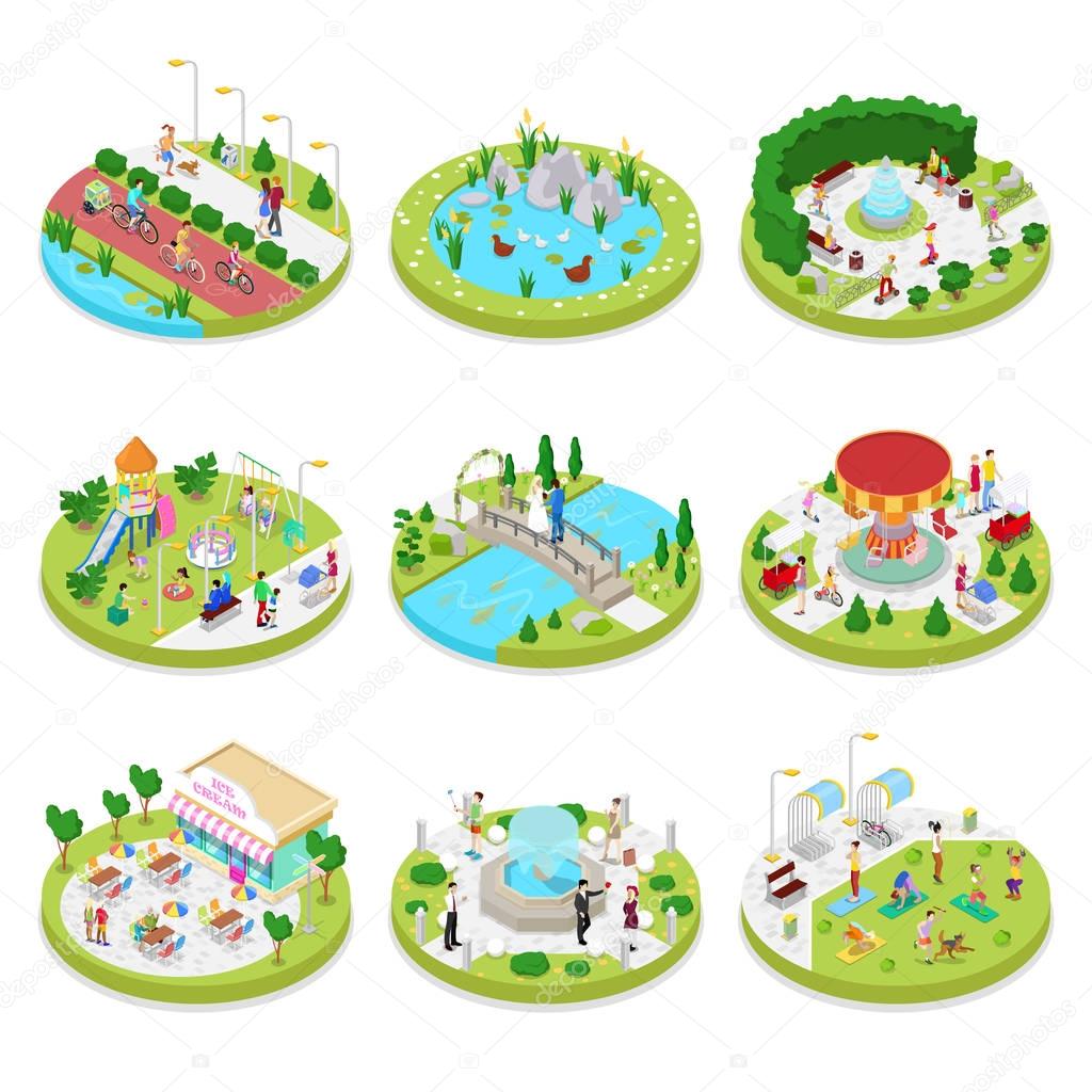 Isometric City Park Composition with Walking People. Outdoor Activity. Family on the Walk. Vector flat 3d illustration