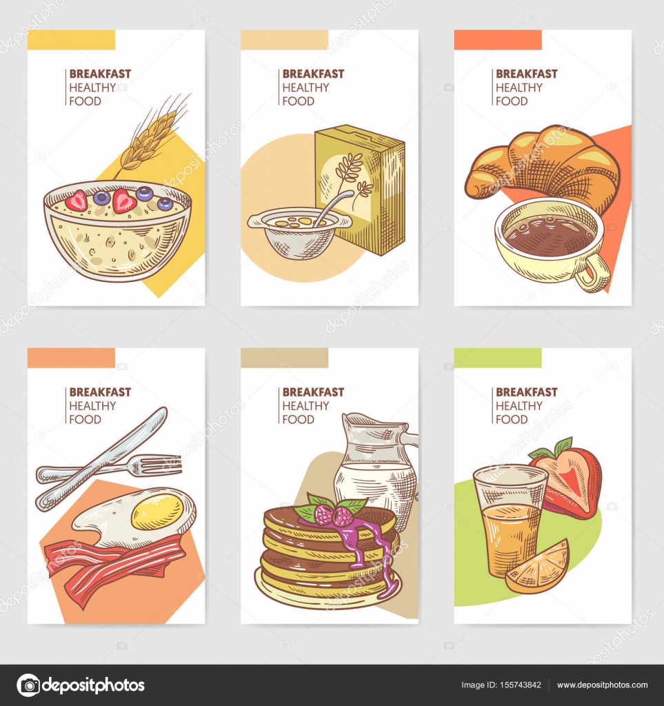 Healthy Breakfast Hand Drawn Cards Brochure Menu with Pancakes, Coffee