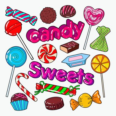 Çikolata ve lolipop şeker tatlı gıda Doodle. Vektör çizim