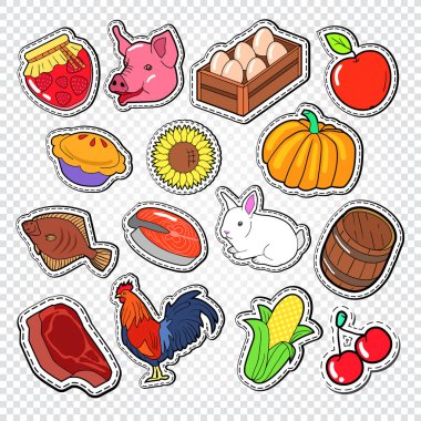 Biyo gıda ile tarım Doodle. Doğal ürünler çıkartmalar, yamalar ve rozetleri. Vektör çizim