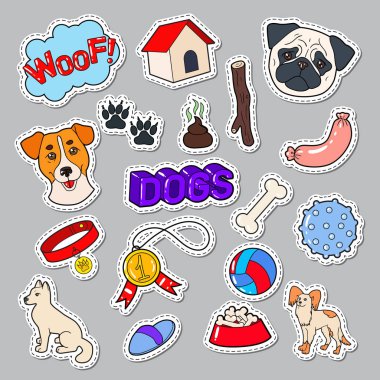 Komik köpekler köpek yavrusu ve oyuncaklar ile Doodle. Evde beslenen hayvan çıkartmalar, yamalar, rozetleri. Vektör çizim