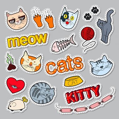 Komik Kediler Doodle. Evcil hayvan çıkartmalar, rozetleri ve yamalar ile kedi ve yavru kedi. Vektör çizim