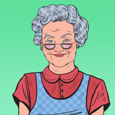 Gülümseyen Pop Art mutlu kadın kıdemli. Vektör çizim