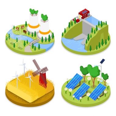 İzometrik ekoloji kavramı. Yenilenebilir enerji. Tarım sanayi. Sağlıklı doğal gıda. Vektör düz 3d çizim
