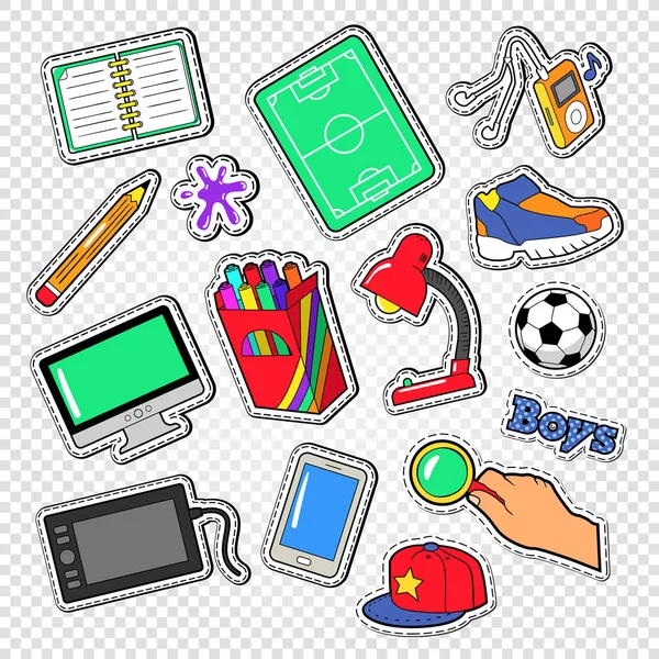 Meninos Doodle com Futebol, Computador e Telefone. Elementos Escolares para Adesivos, Emblemas e Patches. Ilustração vetorial — Vetor de Stock