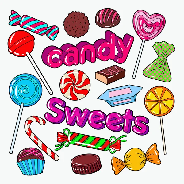 Dulces Dulces Doodle Comida con Chocolates y Piruleta. Ilustración vectorial — Vector de stock