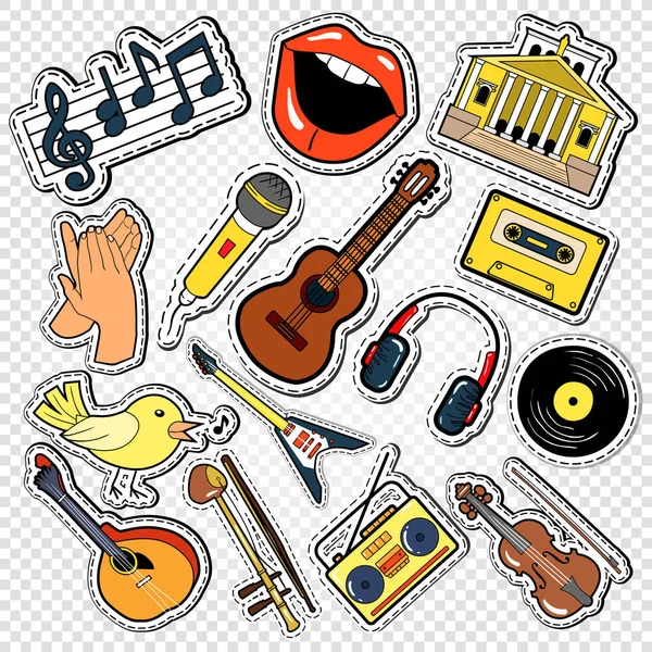 Music Doodle avec guitare, microphone et écouteurs. Stickers Musicaux, Patchs et Badges. Illustration vectorielle — Image vectorielle