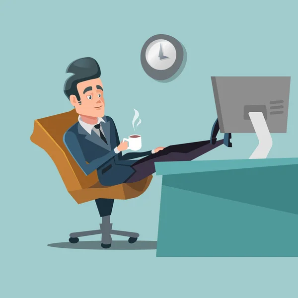 Coffee Break. Businessman Relaxing at Office Work. Vector Character illustration — Stock Vector