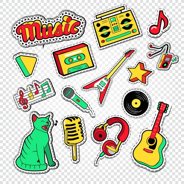 Doodle musicale con strumenti musicali. Adesivi, badge e patch stile di vita adolescente. Illustrazione vettoriale — Vettoriale Stock