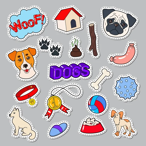 Cães engraçados Doodle com filhote de cachorro e brinquedos. Adesivos para animais de estimação, adesivos, distintivos. Ilustração vetorial — Vetor de Stock