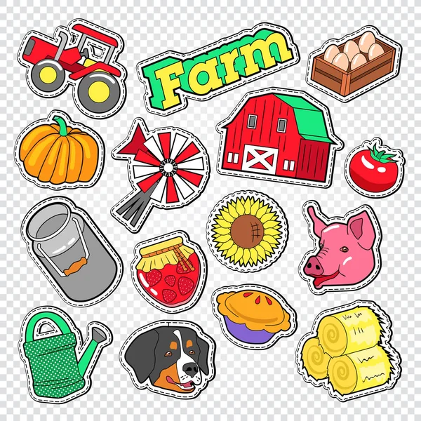 Farm Agriculture Doodle with Tractor, Natural Food and Animals. Farmer Stickers, Badges and Patches. Vector illustration — Stock Vector