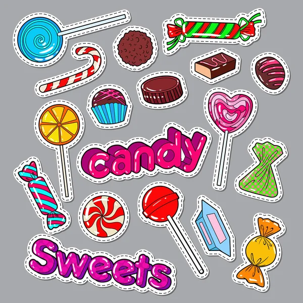 Caramelle Sweet Food Doodle. Adesivi, badge e patch con cioccolatini e lecca-lecca. Illustrazione vettoriale — Vettoriale Stock