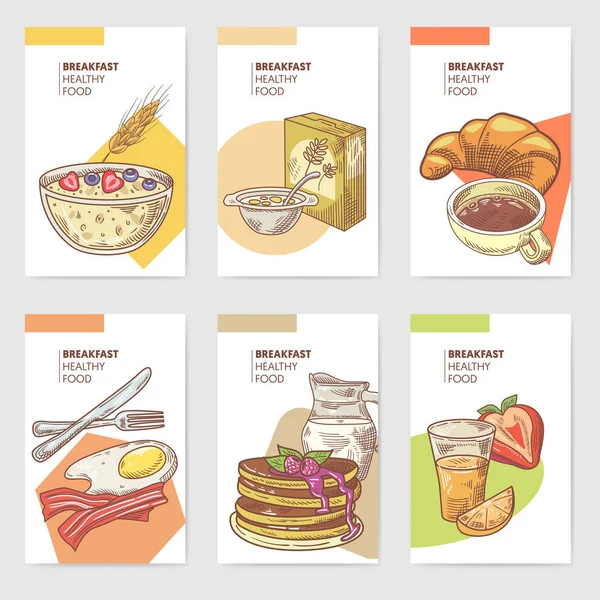 Healthy Breakfast Hand Drawn Cards Folleto Menú con panqueques, café y copos de maíz. Eco Food. Ilustración vectorial — Vector de stock