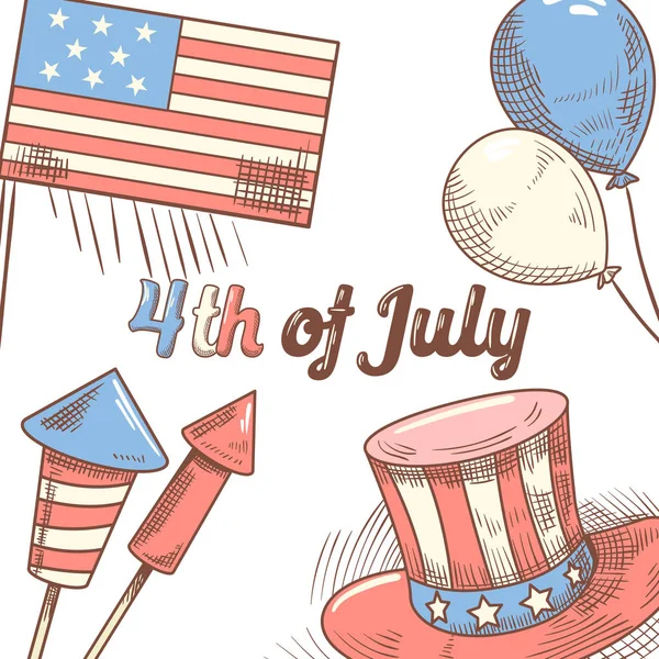 4 de julio USA Día de la Independencia Diseño Dibujado a Mano. Fiesta Nacional Americana. Ilustración vectorial — Vector de stock