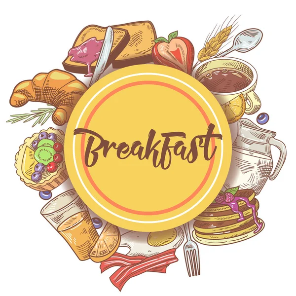 Hälsosam frukost Hand dras Design med ägg, frukter och bageri. Eco mat. Vektorillustration — Stock vektor