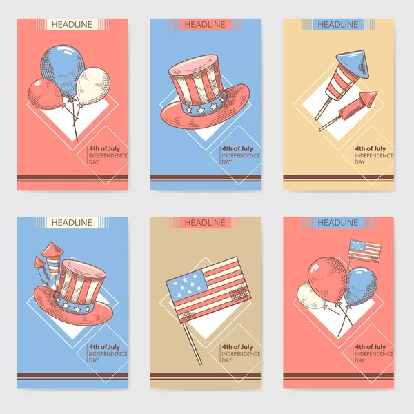 4 de julio USA Día de la Independencia Diseño Dibujado a Mano. National American Holiday Cards, Folleto. Ilustración vectorial — Vector de stock