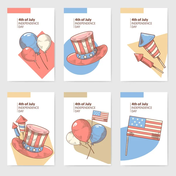 4 de julio USA Día de la Independencia Diseño Dibujado a Mano. National American Holiday Cards, Folleto. Ilustración vectorial — Vector de stock