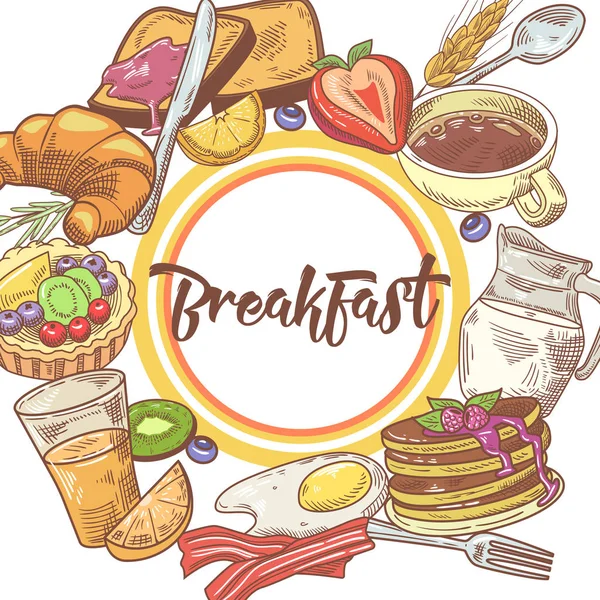 Design disegnato a mano con pancake, frutta e latte. Eco Food. Illustrazione vettoriale — Vettoriale Stock